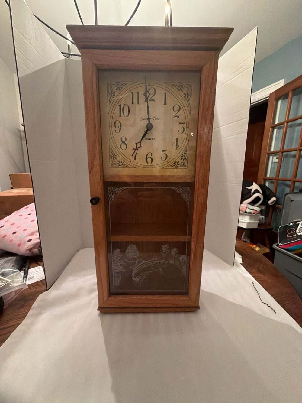 Sunset Time Quartz Wood Wall Clock With Curio Shelf Fish